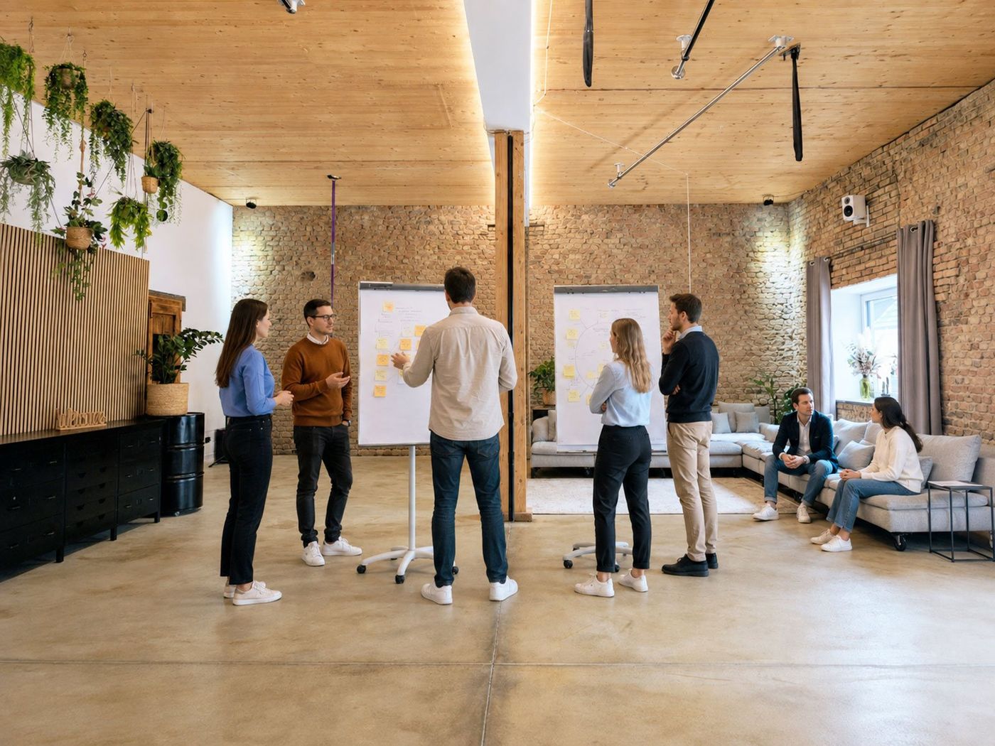 Seminargruppe an Flipcharts im Großen Seminarraum – MAS MONTI